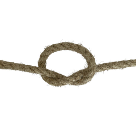 Close-up of a knotted piece of natural brown rope on a white background