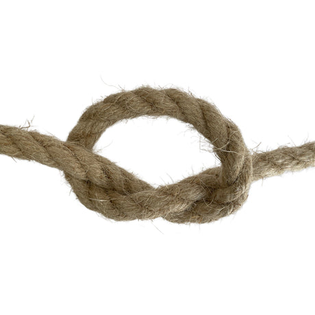 Close-up of a knotted piece of natural;brown rope on a white background