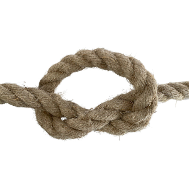 Close-up of a knotted piece of natural brown rope on a white background