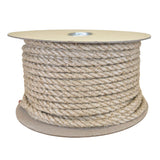 A large spool of natural flax hemp rope wound around a light brown cardboard core, shown against a plain white background.