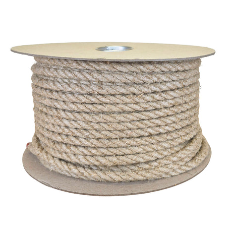 A large spool of natural flax hemp rope wound around a light brown cardboard core, shown against a plain white background.