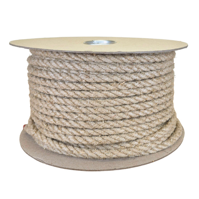 A large spool of natural flax hemp rope wound around a light brown cardboard core, shown against a plain white background.