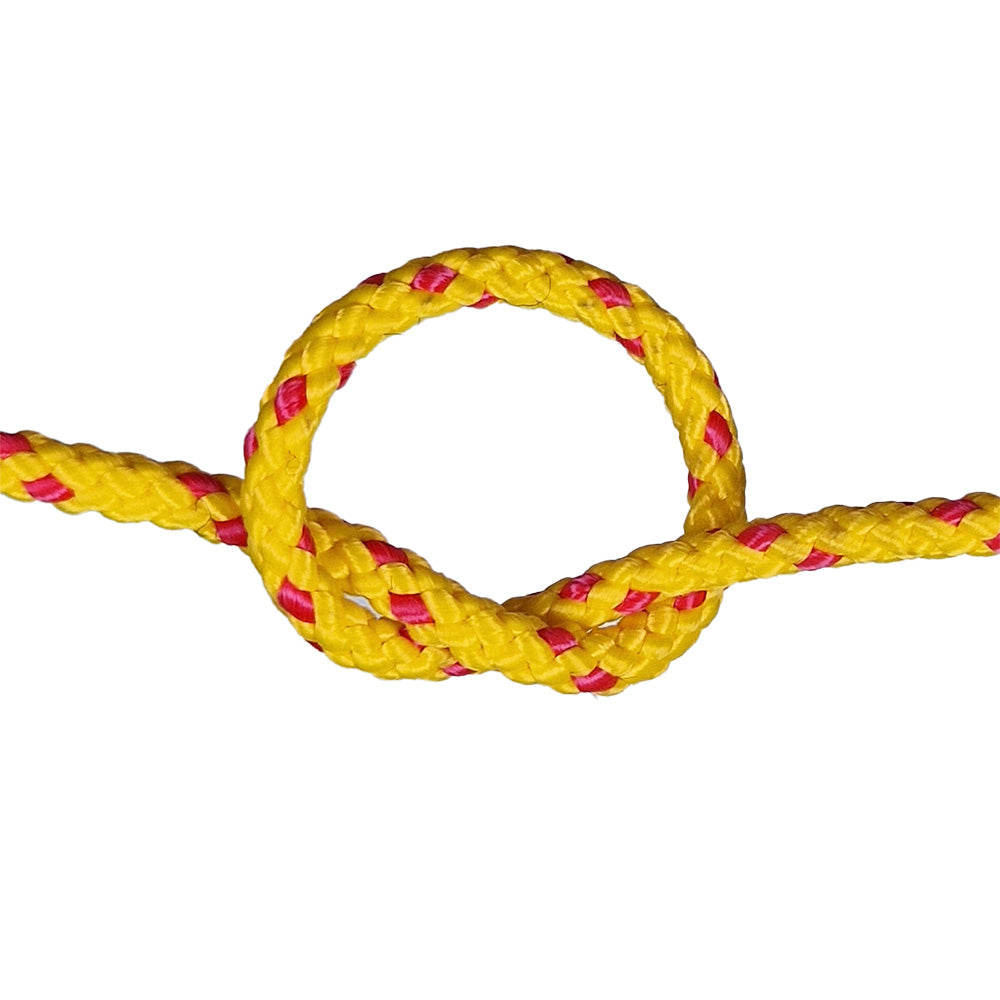 Yellow rope with red diamond pattern tied in a knot on a white background