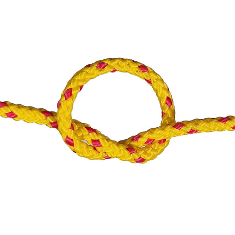 Yellow rope with red diamond pattern tied in a knot on a white background