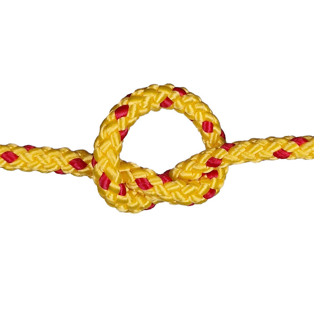 Yellow rope with red diamond pattern tied in a knot on a white background