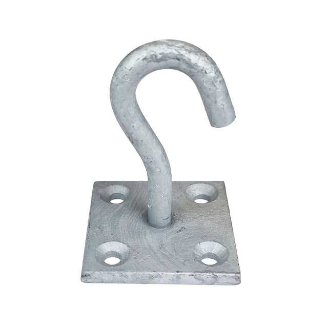 Galvanised metal hook with a square base on a white background