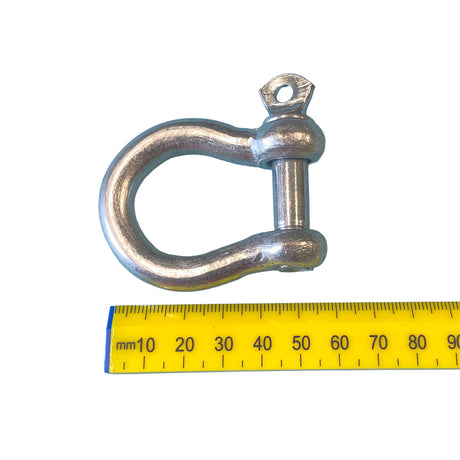 A 10mm galvanised bow shackle on a white background. 