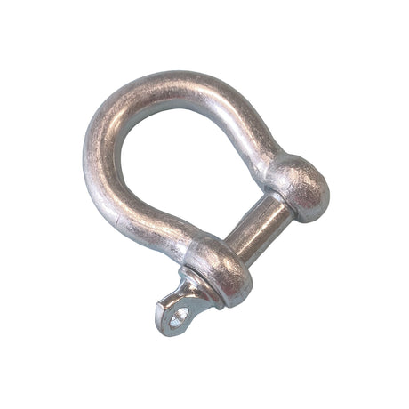 A 10mm galvanised bow shackle on a white background. 