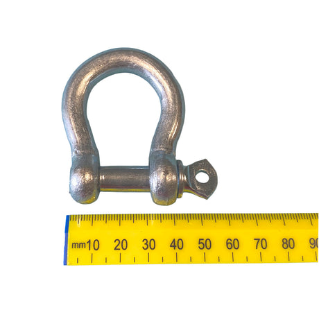A 10mm galvanised bow shackle on a white background. 