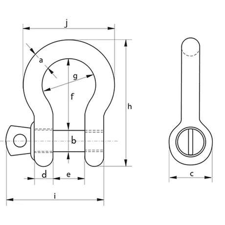 Technical dimension drawing of a heavy-duty ring shackle, showing front and side profile views with labeled dimensions a through h and arrows indicating measurements.