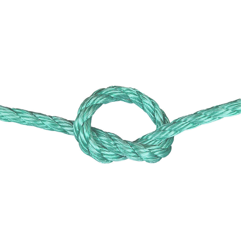 green polysteel rope with a knot on a white background
