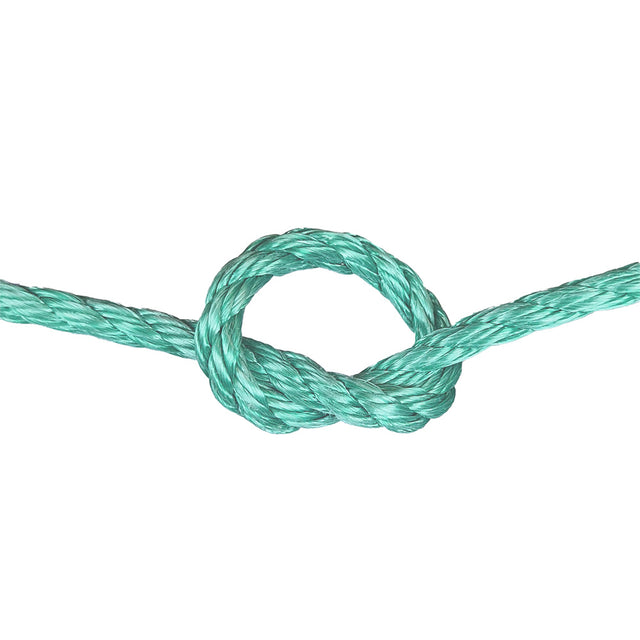 green polysteel rope with a knot on a white background