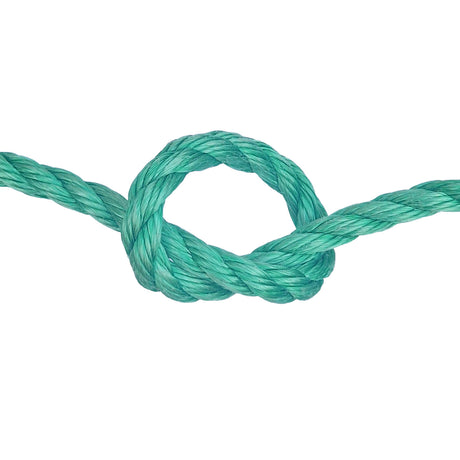 green polysteel rope with a knot on a white background