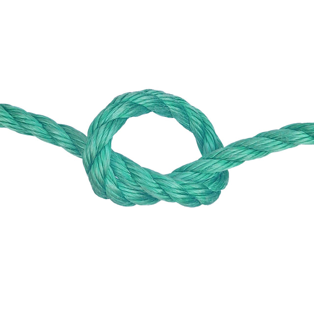 green polysteel rope with a knot on a white background