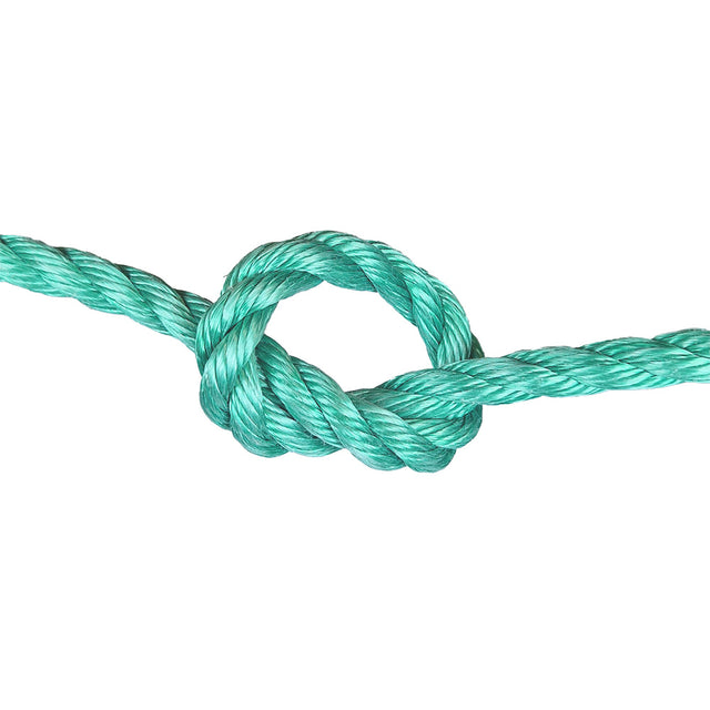 green polysteel rope with a knot on a white background