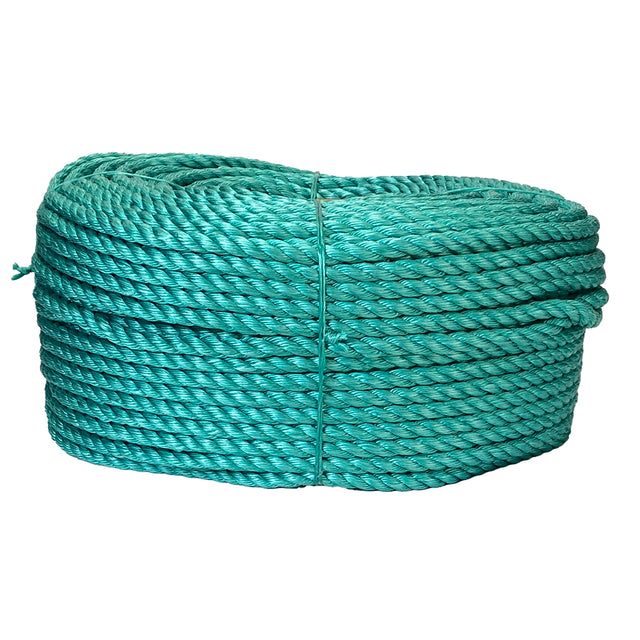 Coiled green rope on a white background