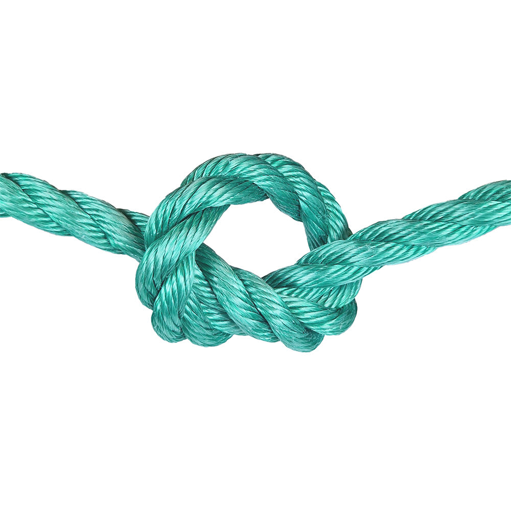 green polysteel rope with a knot on a white background