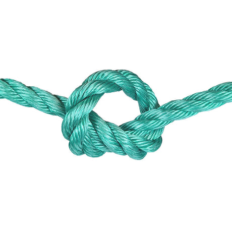 green polysteel rope with a knot on a white background