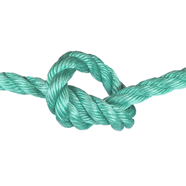 green polysteel rope with a knot on a white background