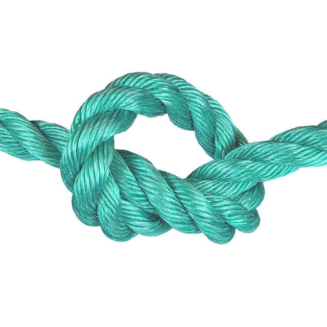 green polysteel rope with a knot on a white background