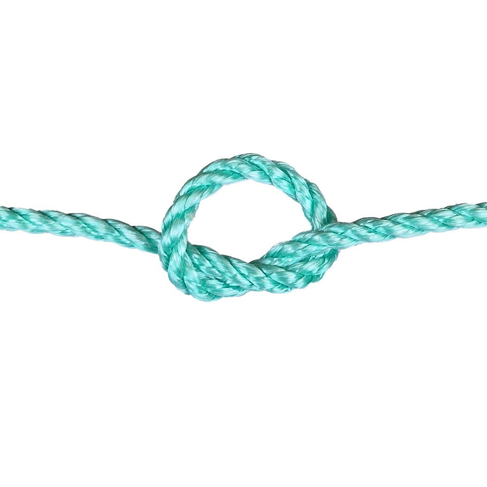 green polysteel rope with a knot on a white background