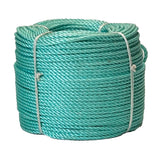 Coiled green rope on a white background