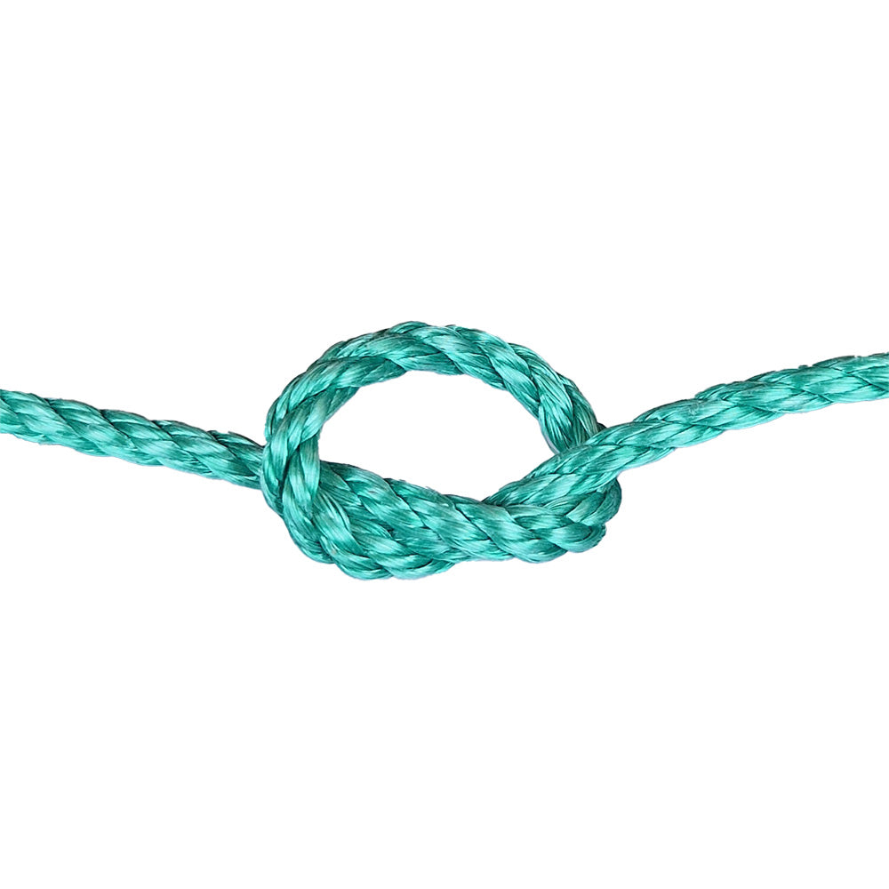 green polysteel rope with a knot on a white background