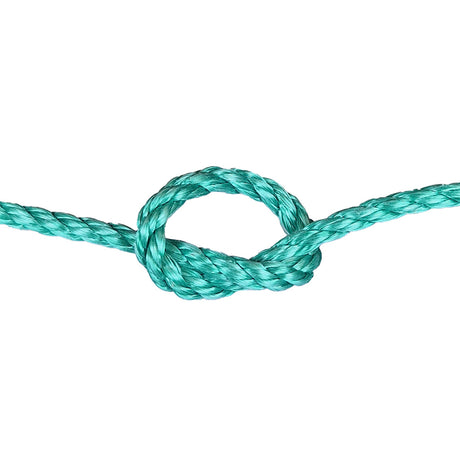 green polysteel rope with a knot on a white background