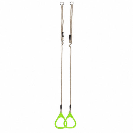 Set of green Plastic Gym Rings with adjustable 12mm Synthetic Hemp Ropes. For domestic use and suitable for up to 70kg (11 stones). The green rings are injection moulded plastic on a white background.