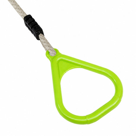Set of green Plastic Gym Rings with adjustable 12mm Synthetic Hemp Ropes. For domestic use and suitable for up to 70kg (11 stones). The green rings are injection moulded plastic on a white background.