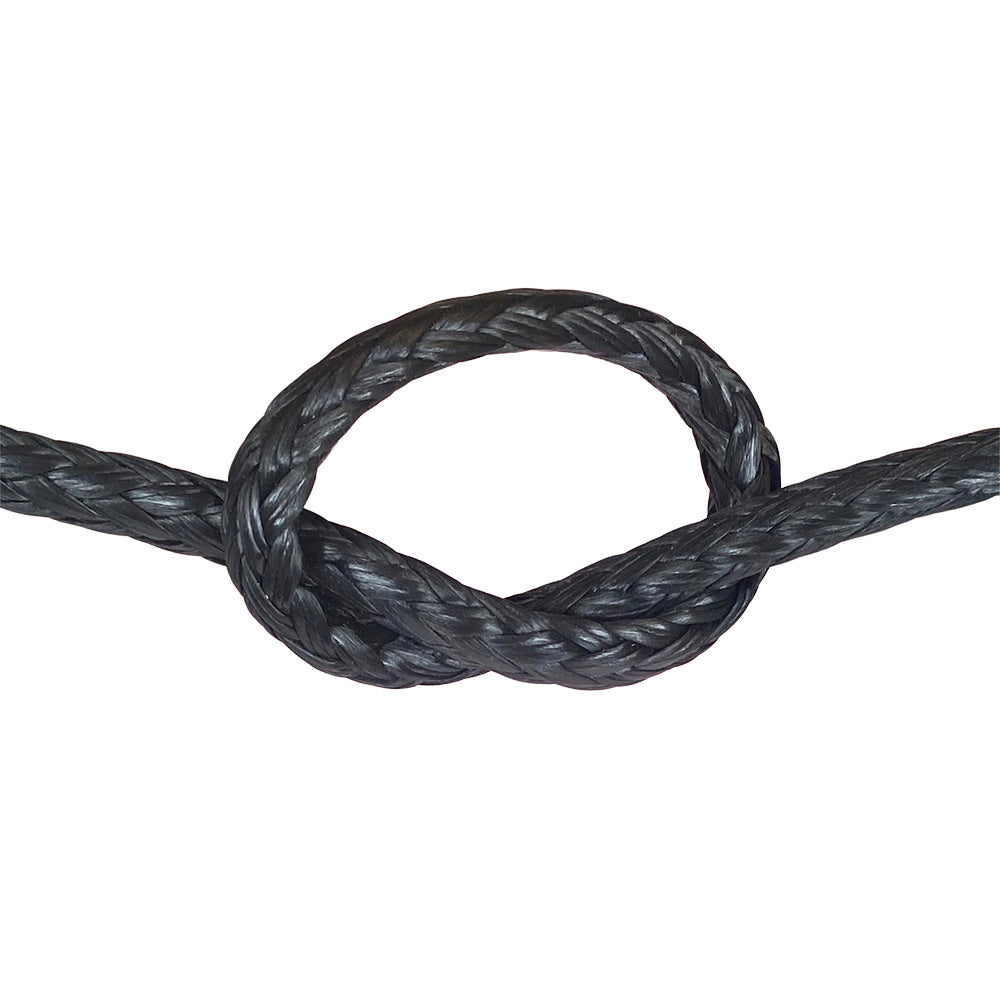 Close-up of black HMPE in a knot on a white background