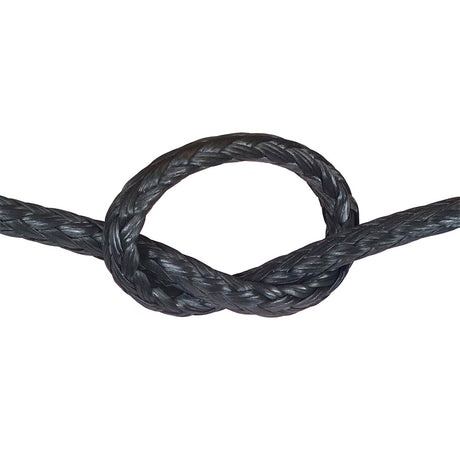 Close-up of black HMPE in a knot on a white background