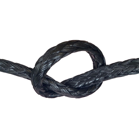Close-up of black HMPE in a knot on a white background