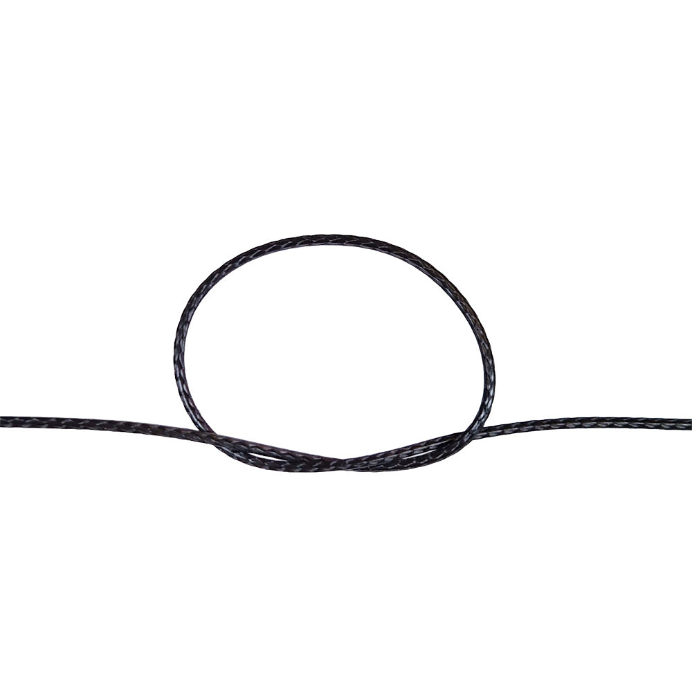 Close-up of a knot of black HMPE rope on a white background