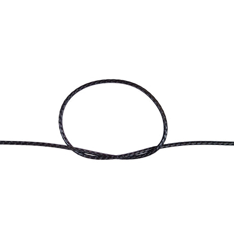 Close-up of a knot of black HMPE rope on a white background