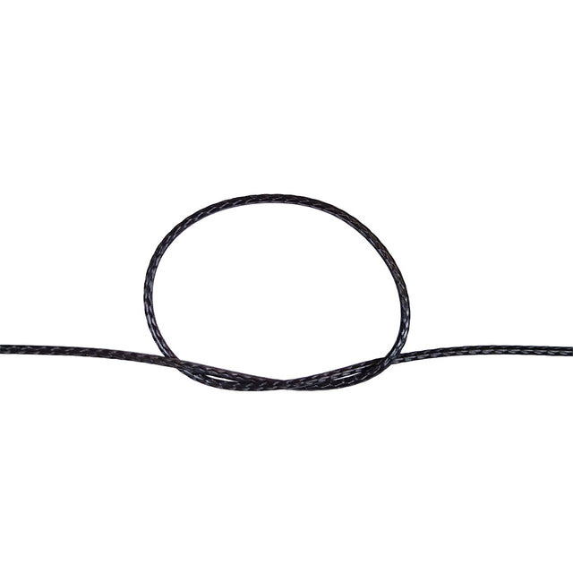 Close-up of a knot of black HMPE rope on a white background