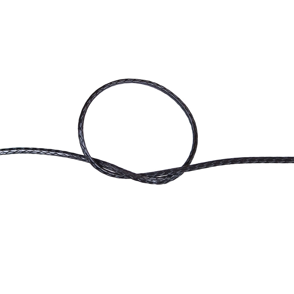Close-up of a knot of black HMPE rope on a white background