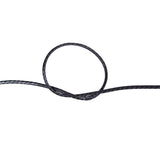Close-up of a knot of black HMPE rope on a white background