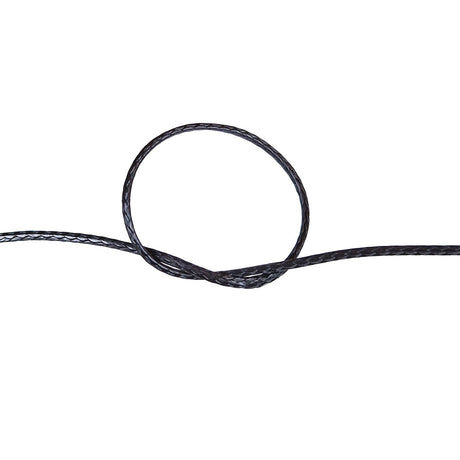 Close-up of a knot of black HMPE rope on a white background