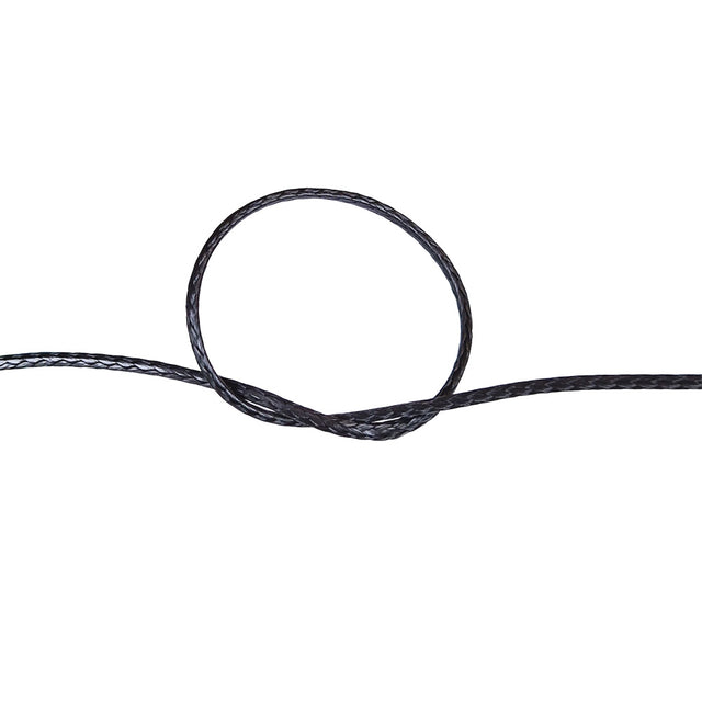 Close-up of a knot of black HMPE rope on a white background
