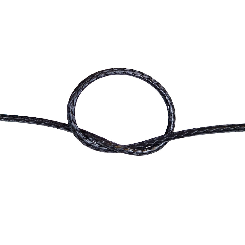 Close-up of a knot of black HMPE rope on a white background