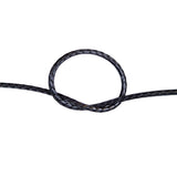 Close-up of a knot of black HMPE rope on a white background