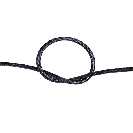 Close-up of a knot of black HMPE rope on a white background