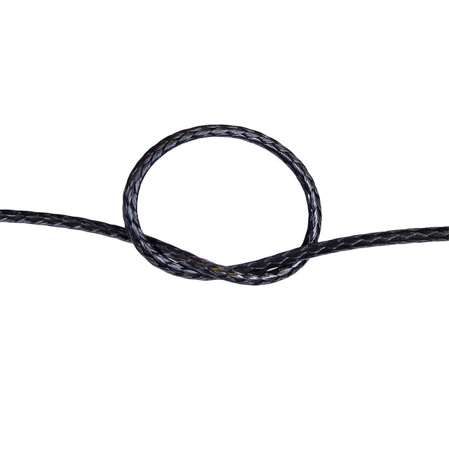 Close-up of a knot of black HMPE rope on a white background