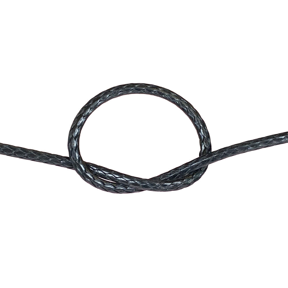 Close-up of black HMPE in a knot on a white background