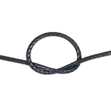 Close-up of black HMPE in a knot on a white background