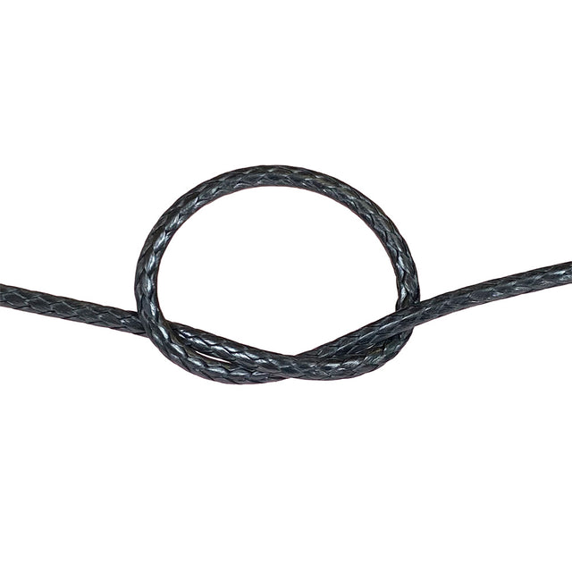 Close-up of black HMPE in a knot on a white background