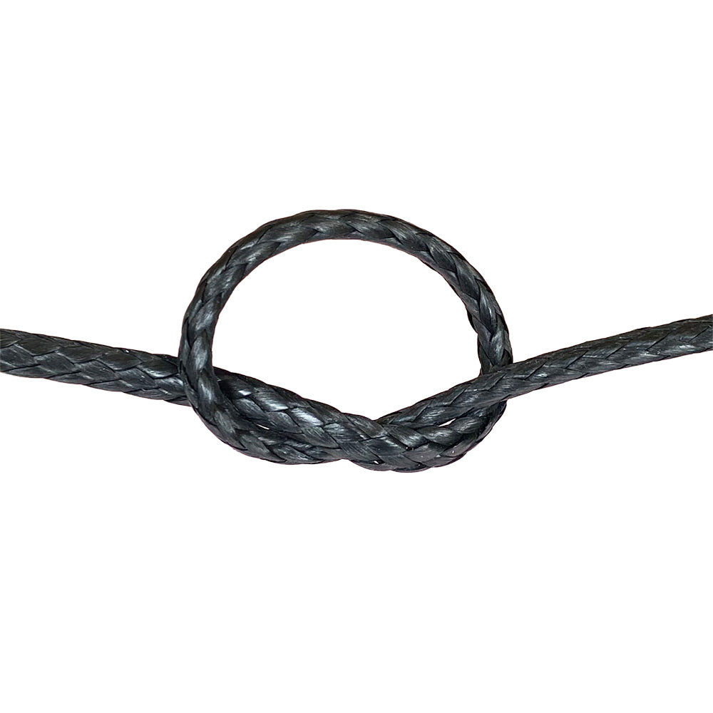 Close-up of black HMPE in a knot on a white background