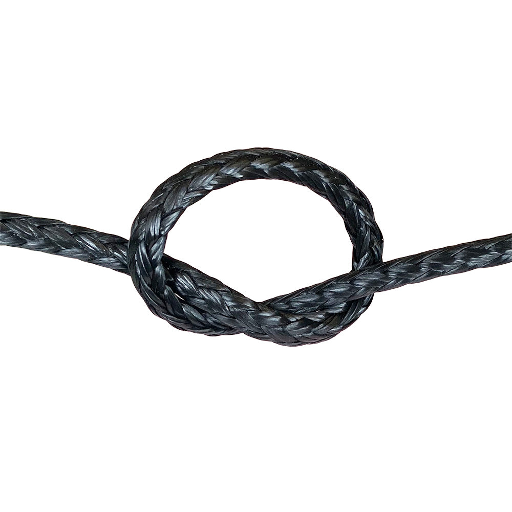 Close-up of black HMPE in a knot on a white background