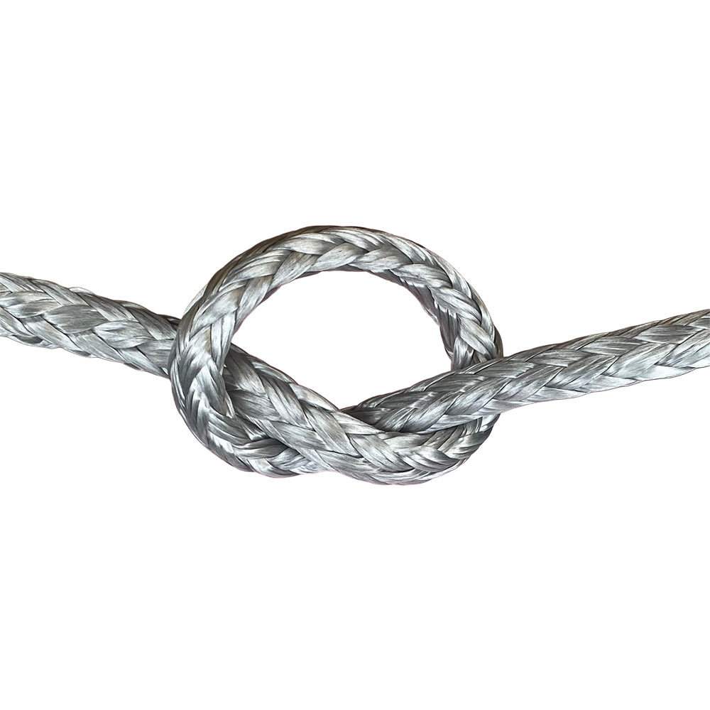 Close-up of grey HMPE in a knot on a white background